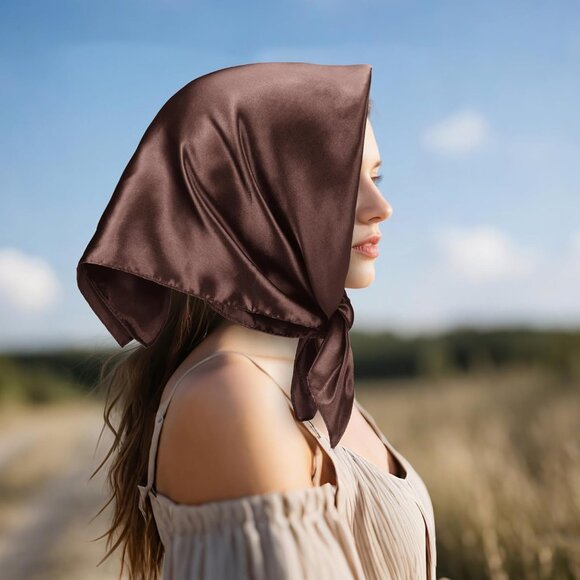 Women's Coffee Silk Feeling Scarf 23.6'' Square Satin Scarf Neck Head Bandana - Picture 4 of 7